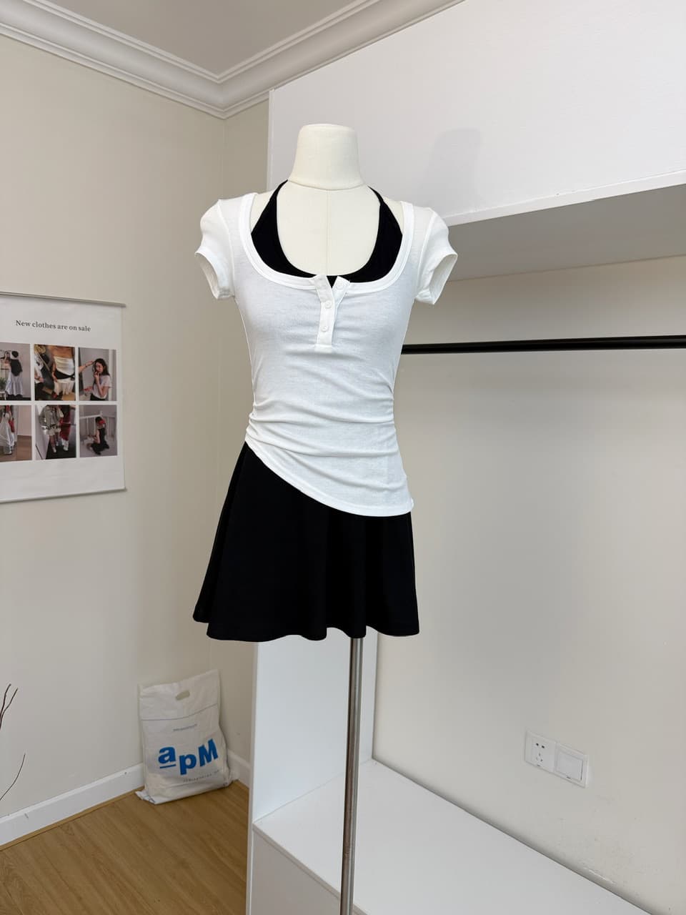 jmshop 프라임 프라임 아름다움 센스 주간 실크 양모 대 u 칼라 비스듬한 진자 티셔츠 순수한 욕망 행침 목 니트 원피스 투피스 세트 상세 이미지 9