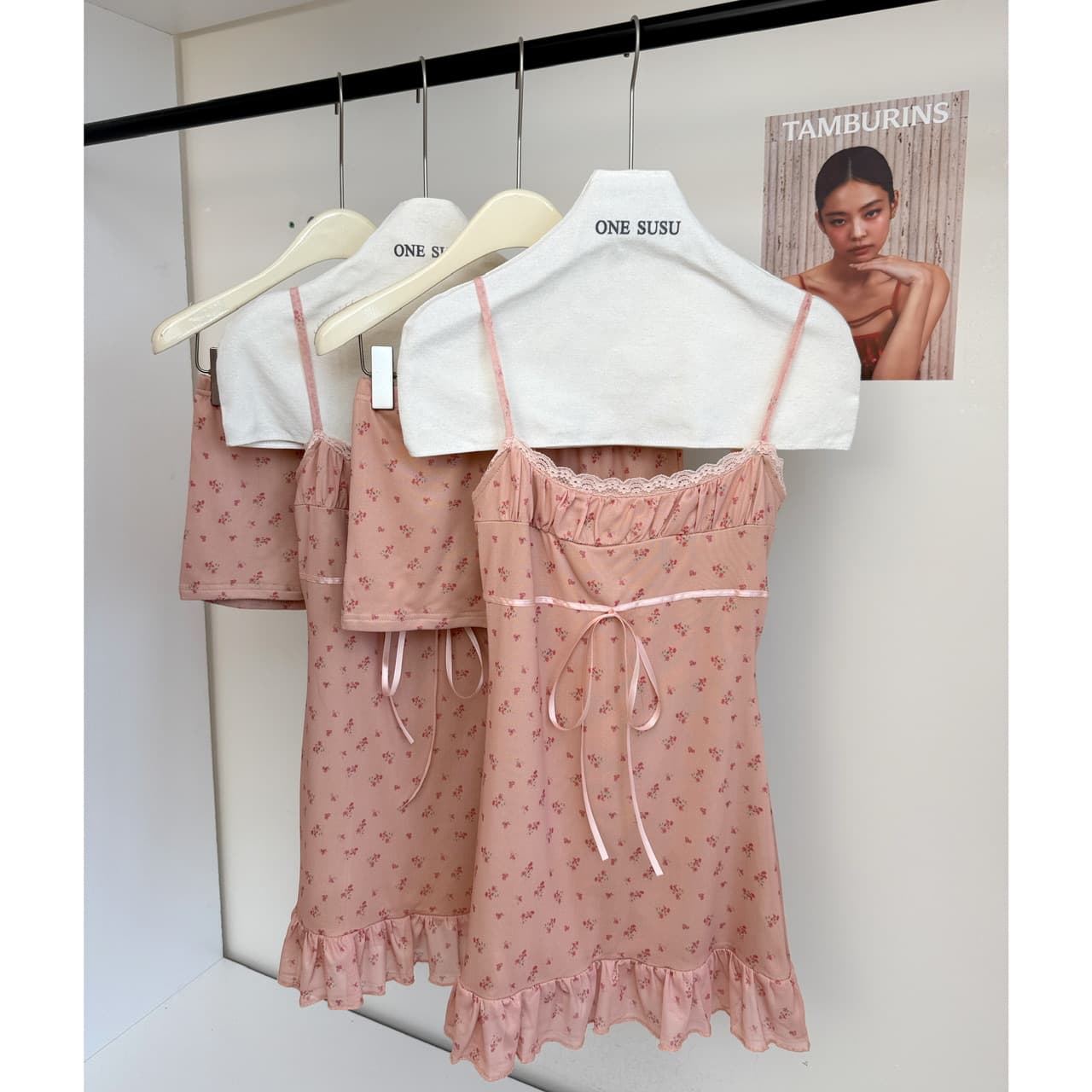 jmshop 작은 남자 여름 노래 프랑스식 꽃무늬 슬립 드레스 여름 주간 실크 아마 자외선 차단 오픈 가디건 투피스 세트 이미지 6