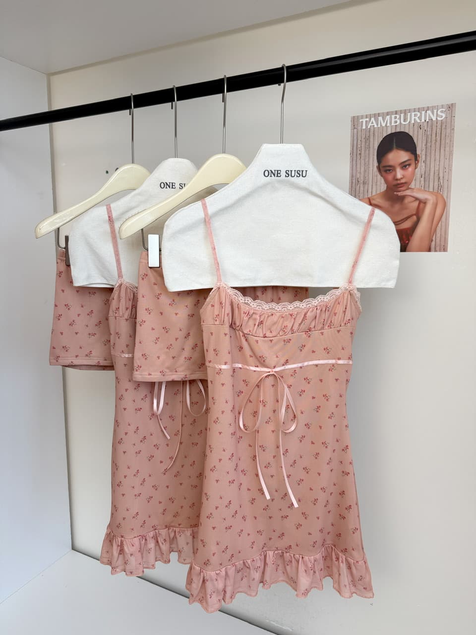jmshop 작은 남자 여름 노래 프랑스식 꽃무늬 슬립 드레스 여름 주간 실크 아마 자외선 차단 오픈 가디건 투피스 세트 상세 이미지 10