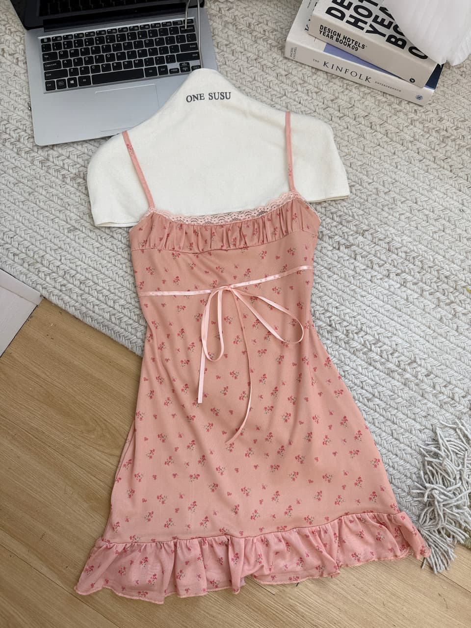 jmshop 작은 남자 여름 노래 프랑스식 꽃무늬 슬립 드레스 여름 주간 실크 아마 자외선 차단 오픈 가디건 투피스 세트 상세 이미지 12