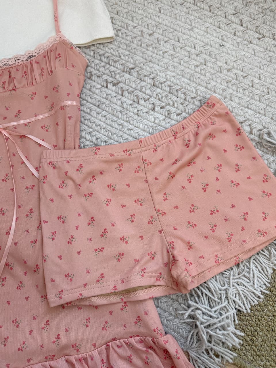 jmshop 작은 남자 여름 노래 프랑스식 꽃무늬 슬립 드레스 여름 주간 실크 아마 자외선 차단 오픈 가디건 투피스 세트 상세 이미지 14