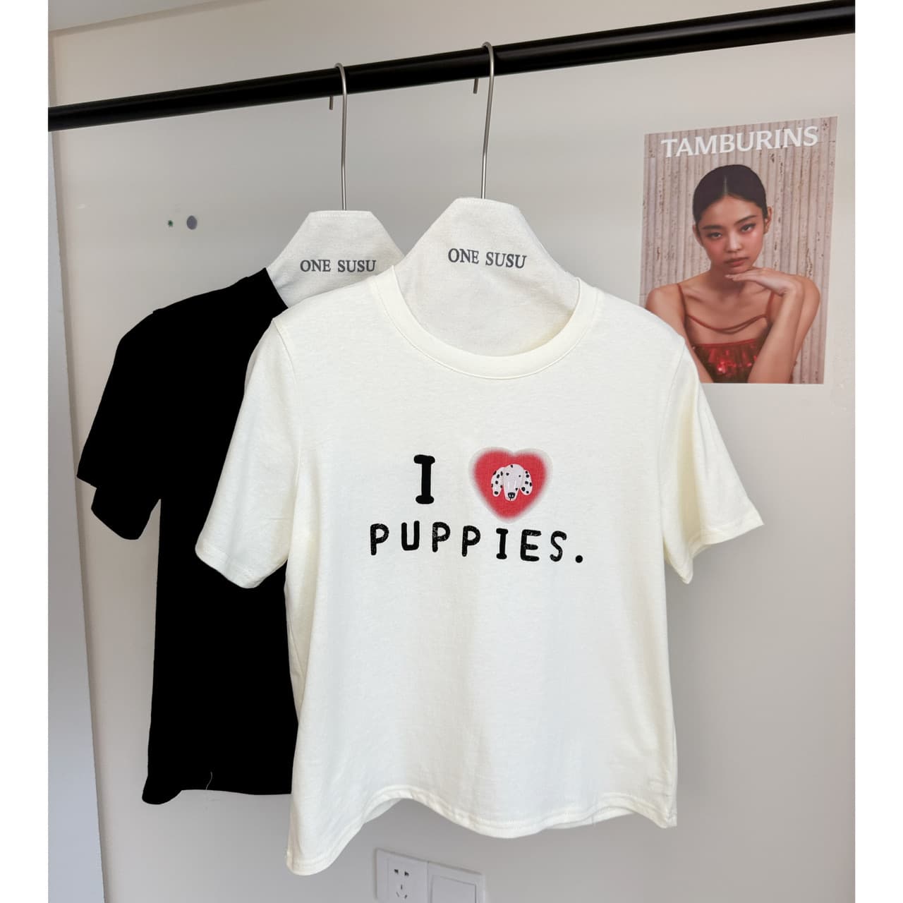 ashenonline ilovepoppies 오리지널 둘 색상 프린트 반팔 하트 강아지 레트로 워싱 티셔츠 이미지 6
