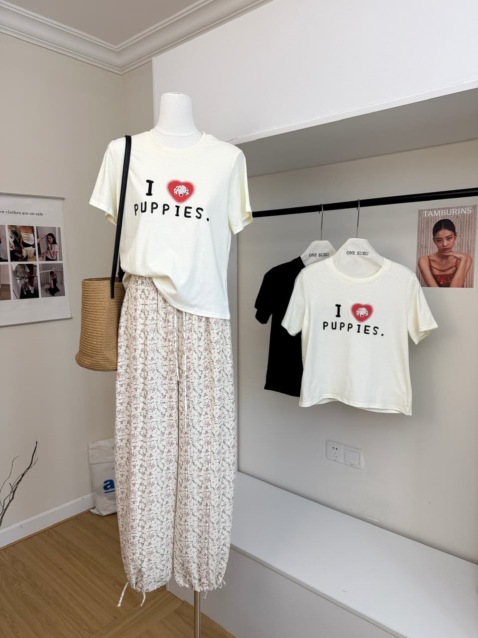ashenonline ilovepoppies 오리지널 둘 색상 프린트 반팔 하트 강아지 레트로 워싱 티셔츠 이미지 3