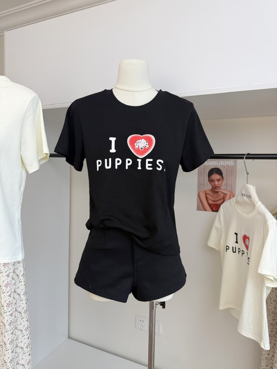 ashenonline ilovepoppies 오리지널 둘 색상 프린트 반팔 하트 강아지 레트로 워싱 티셔츠 상세 이미지 4