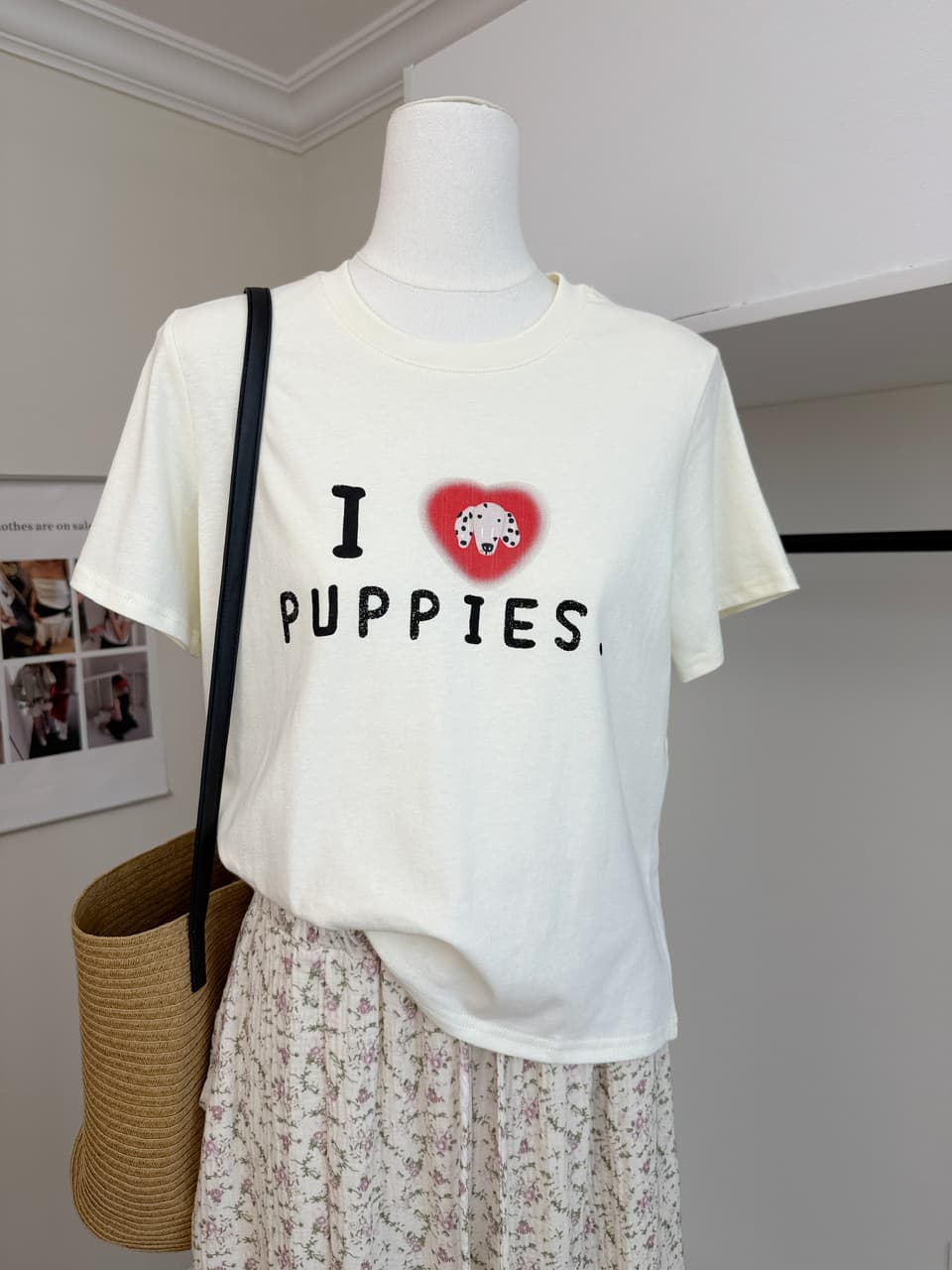 ashenonline ilovepoppies 오리지널 둘 색상 프린트 반팔 하트 강아지 레트로 워싱 티셔츠 상세 이미지 8