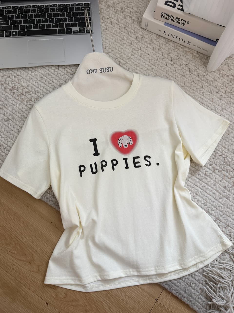 ashenonline ilovepoppies 오리지널 둘 색상 프린트 반팔 하트 강아지 레트로 워싱 티셔츠 상세 이미지 11