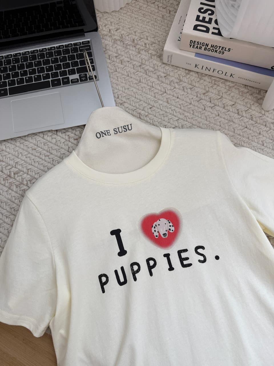 ashenonline ilovepoppies 오리지널 둘 색상 프린트 반팔 하트 강아지 레트로 워싱 티셔츠 상세 이미지 12