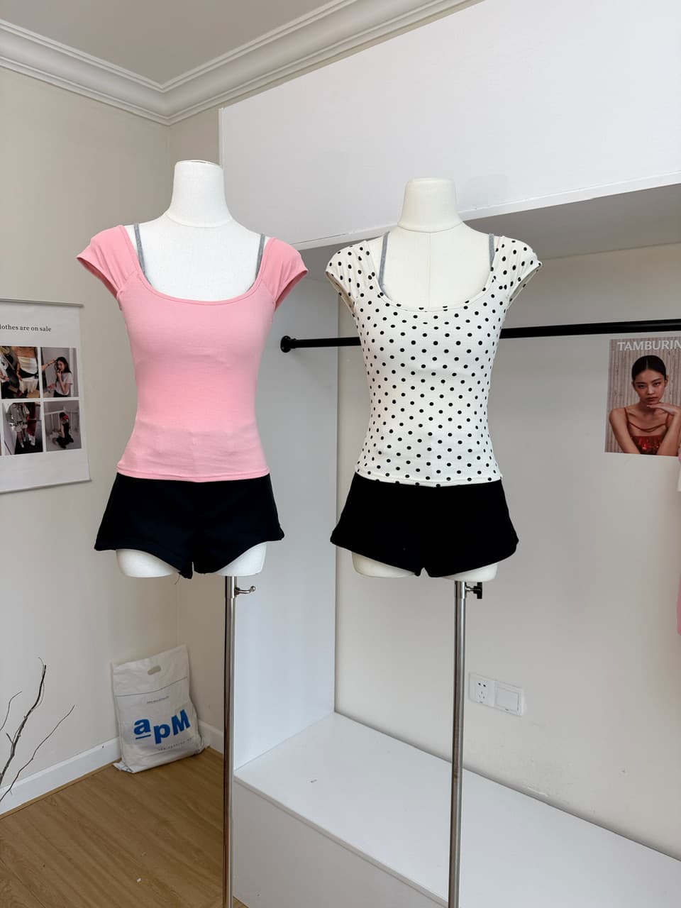 callmeear 배색 페이크 레이어드 티셔츠 긍정적 인 어깨 반팔 티셔츠 여성 여름 몸매 가꾸기 반소매 맨위 상세 이미지 3