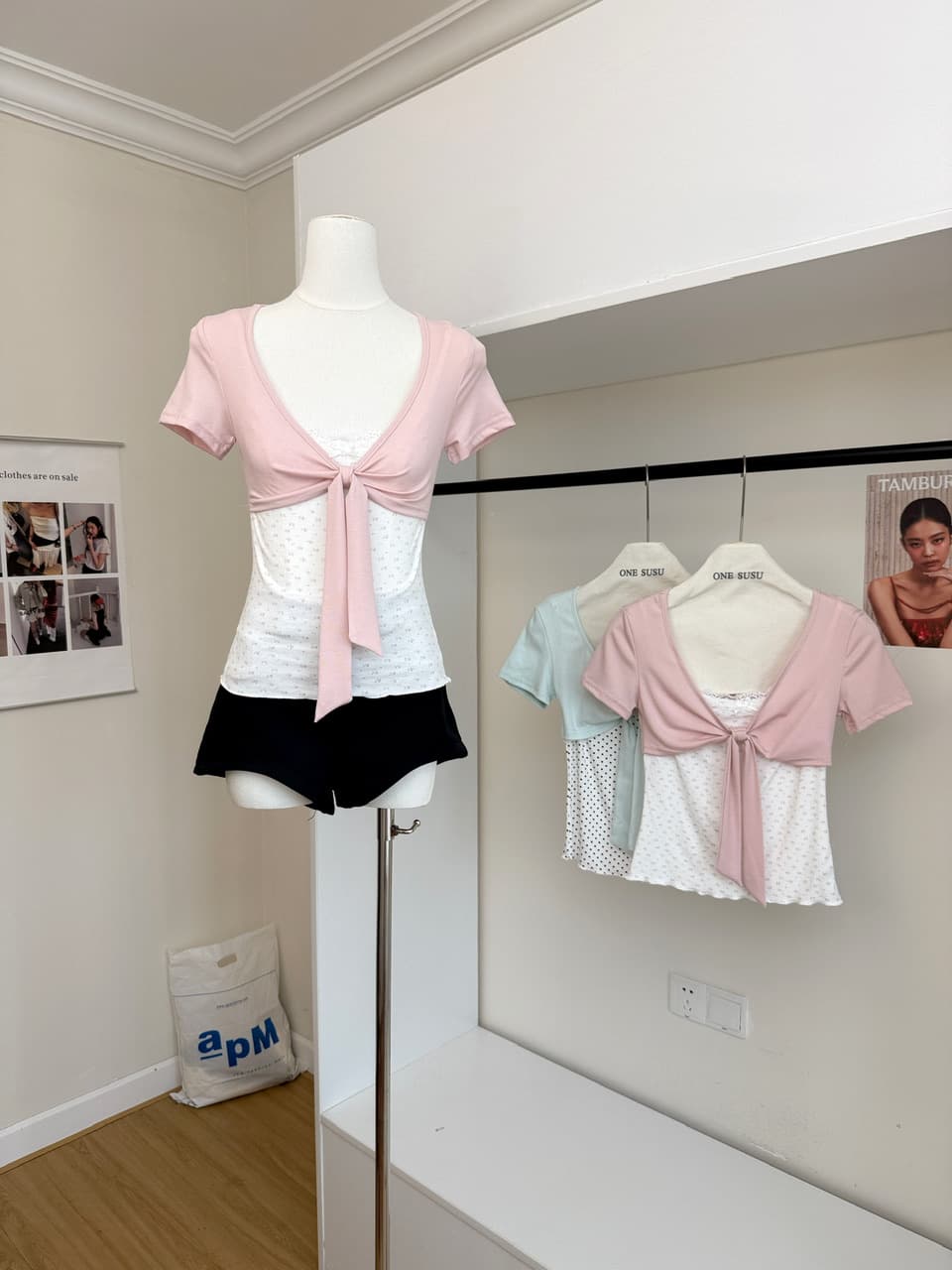 callmeear 배색 나비 매듭 티셔츠 패치워크 디자인 센스 페이크 레이어드 u 칼라 반팔 맨위 여성 여름 이미지 3