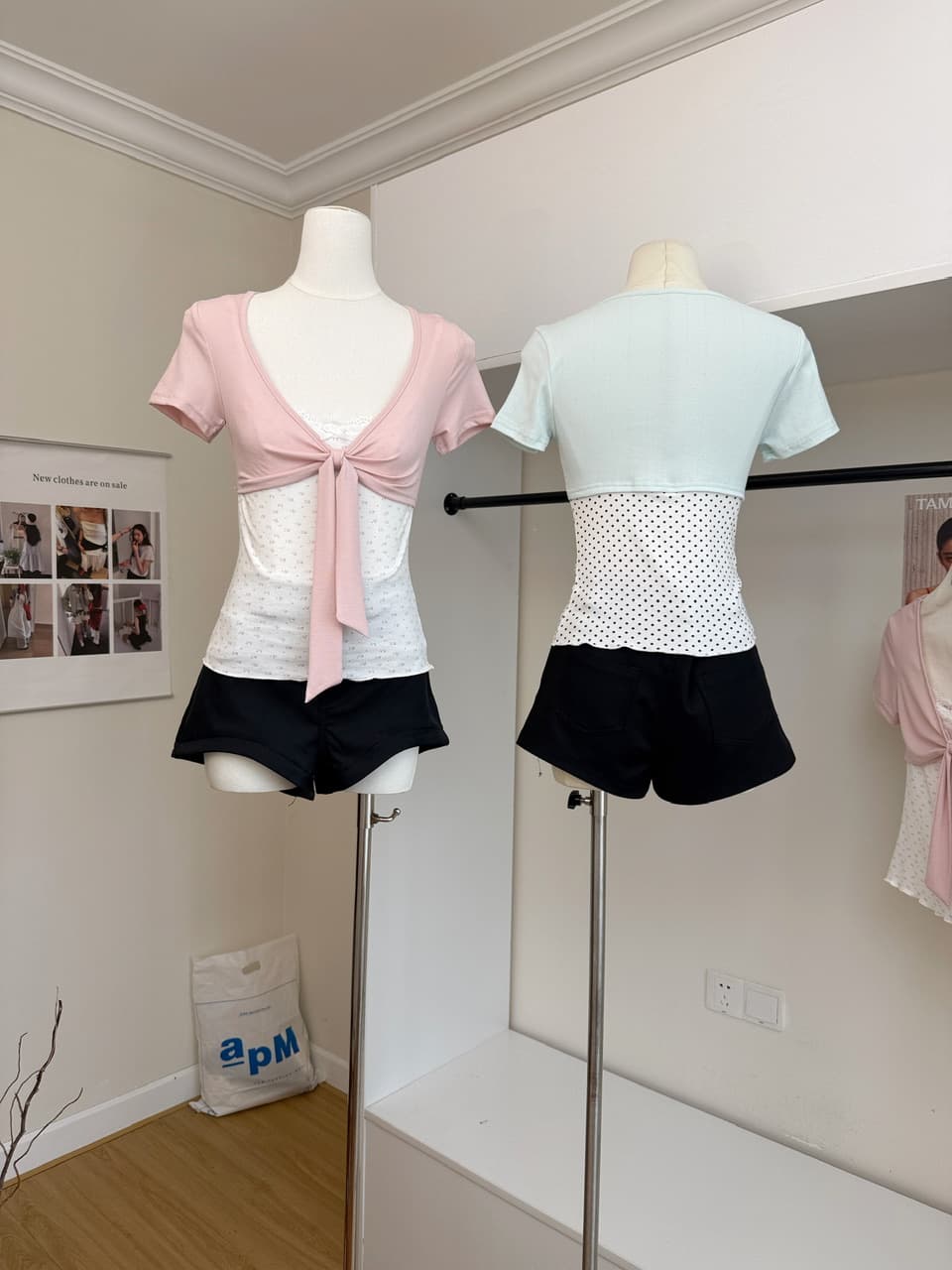 callmeear 배색 나비 매듭 티셔츠 패치워크 디자인 센스 페이크 레이어드 u 칼라 반팔 맨위 여성 여름 상세 이미지 4
