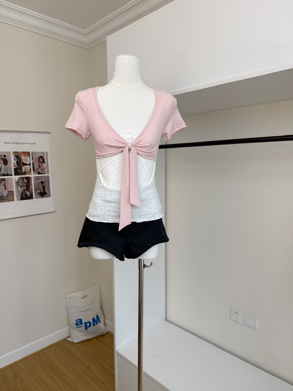 callmeear 배색 나비 매듭 티셔츠 패치워크 디자인 센스 페이크 레이어드 u 칼라 반팔 맨위 여성 여름 상세 이미지 5
