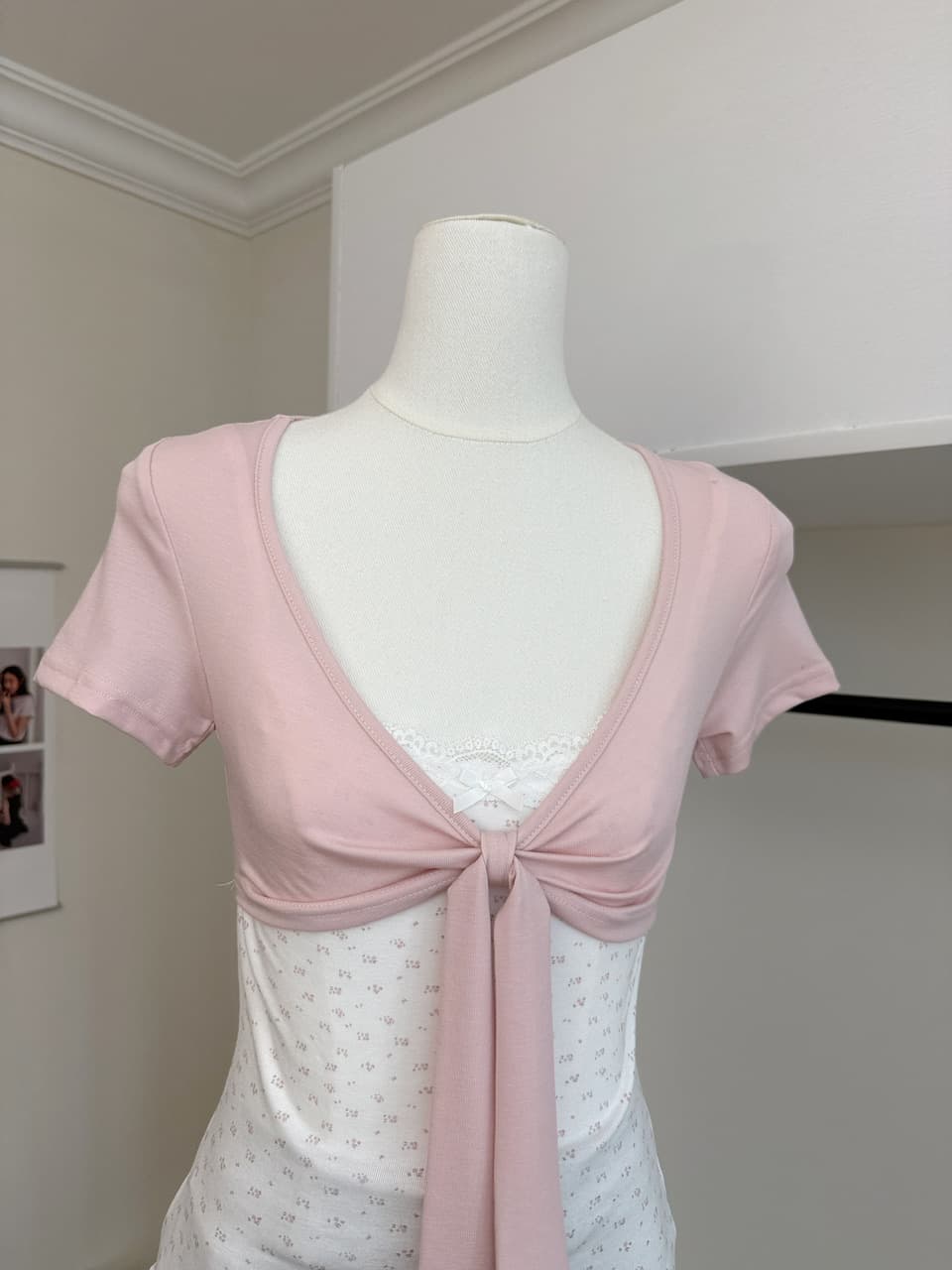 callmeear 배색 나비 매듭 티셔츠 패치워크 디자인 센스 페이크 레이어드 u 칼라 반팔 맨위 여성 여름 상세 이미지 6