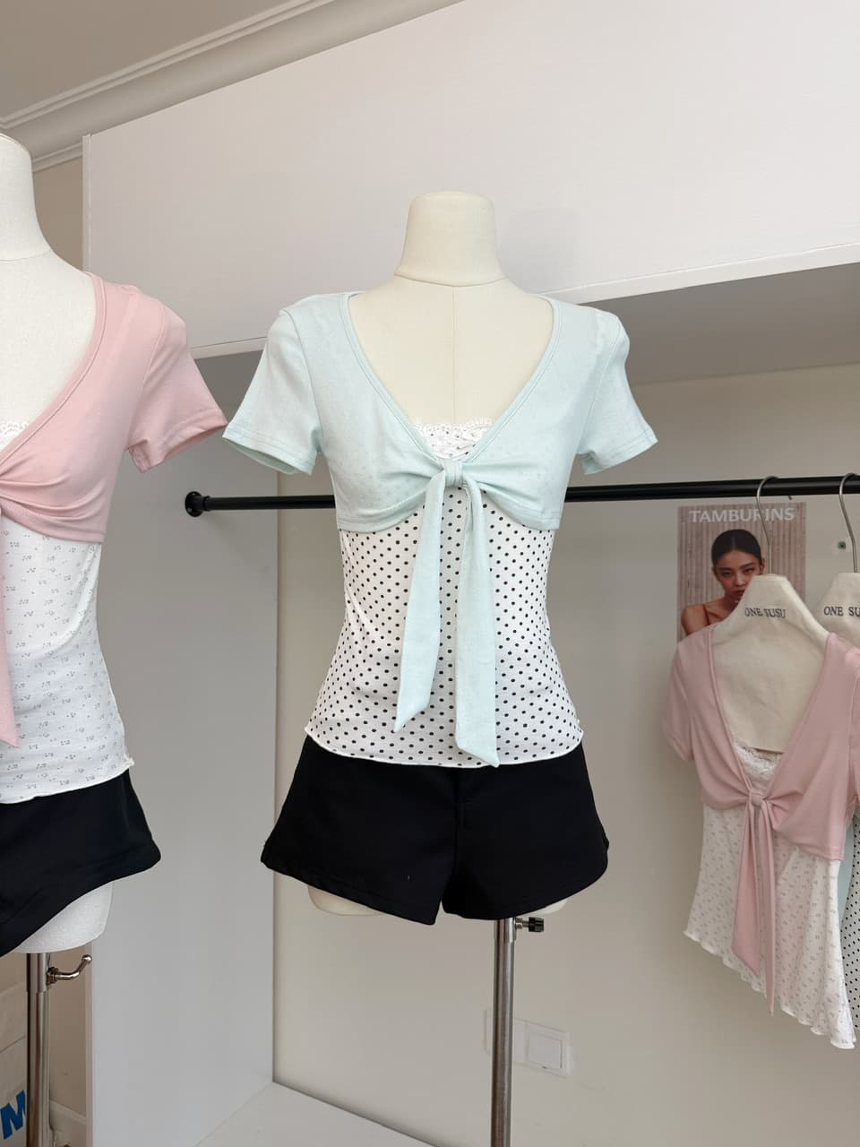 callmeear 배색 나비 매듭 티셔츠 패치워크 디자인 센스 페이크 레이어드 u 칼라 반팔 맨위 여성 여름 상세 이미지 7