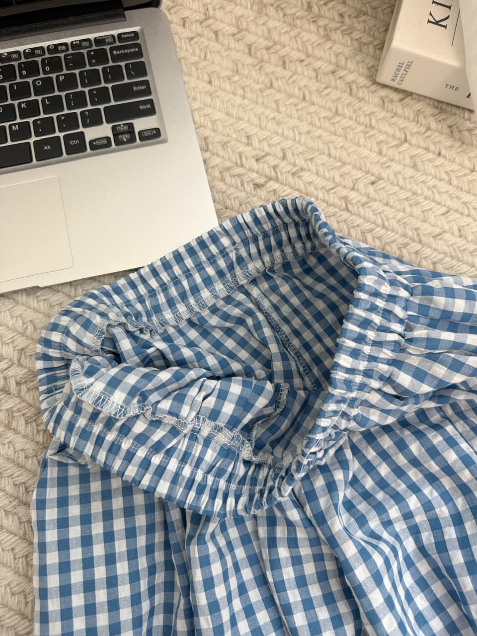 한 부서 분위기 센스 kitty 프린트 라운드 넥 긴팔 티셔츠 파란색 체크무늬 와이드 레그 팬츠 루즈핏 슬림해 보이는 연령 감소 세트 이미지 4