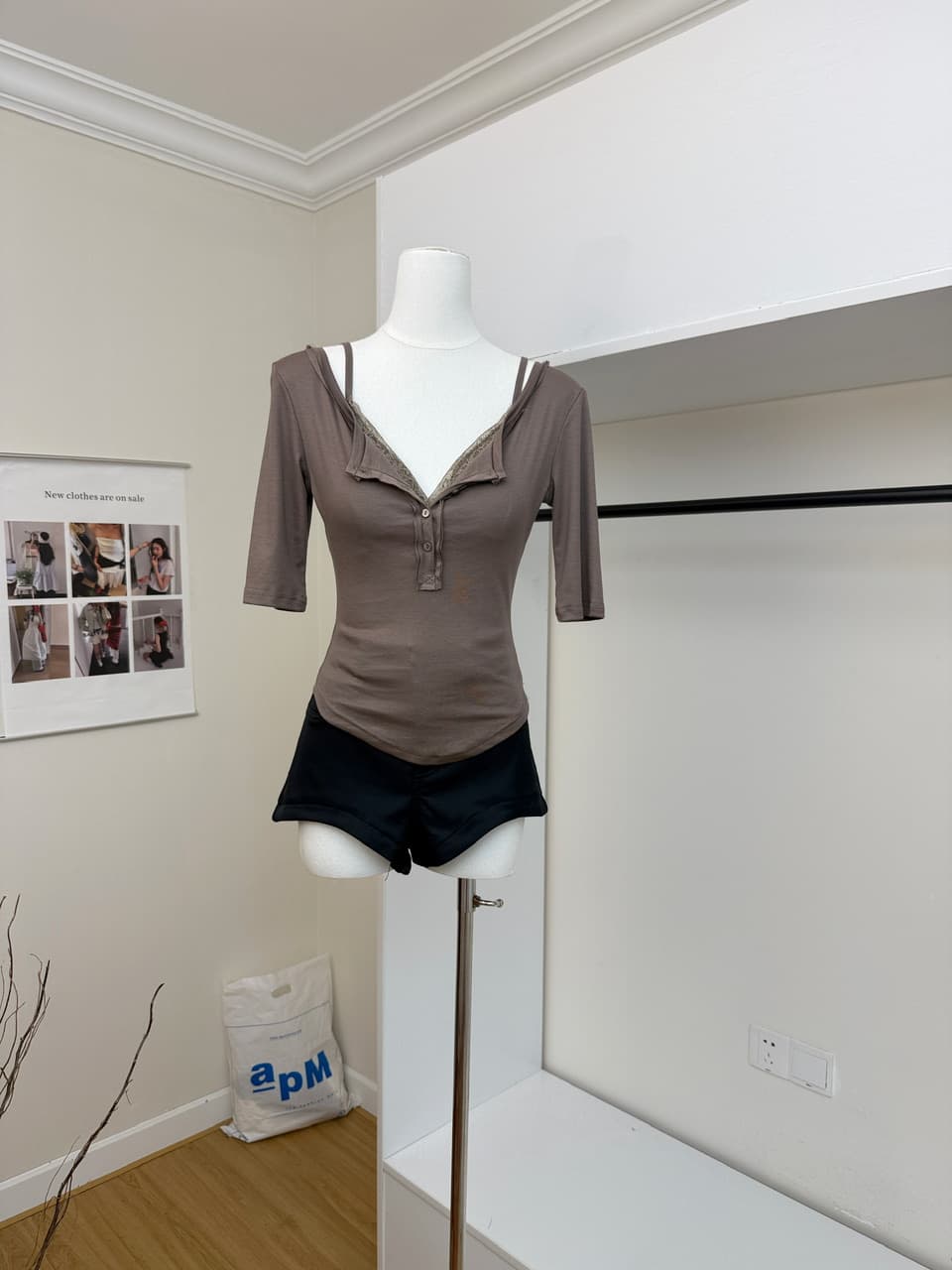 sheepland 욕망 숨겨진 심장 기계 주간 실크 양모 헨리 칼라 반소매 티셔츠 레이스 슬립 속옷 두 조각 여성 세트 상세 이미지 5