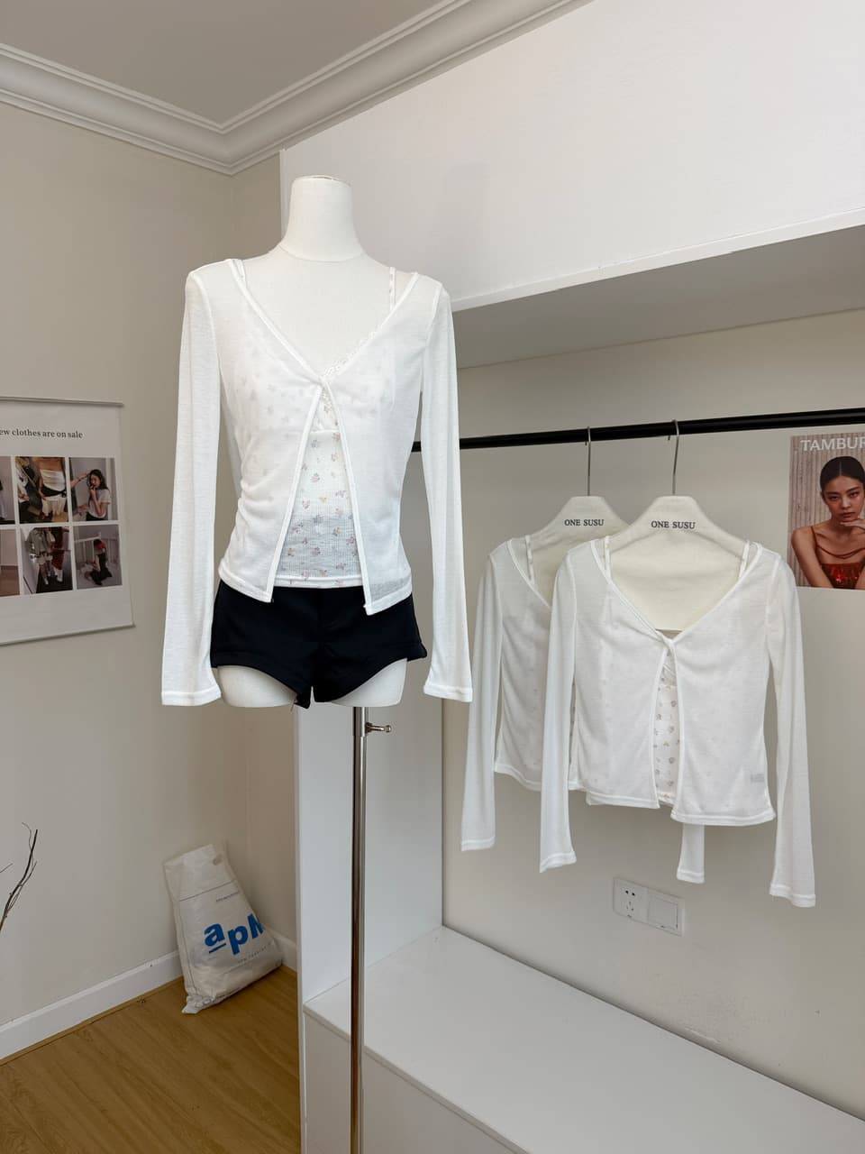 한 번 작은 짭짤한 한 부서 화이트 오프숄더 긴팔 티셔츠 여성 여름 자외선 차단 블라우스 Tulle 맨위 꽃무늬 슬립 세트 이미지 3