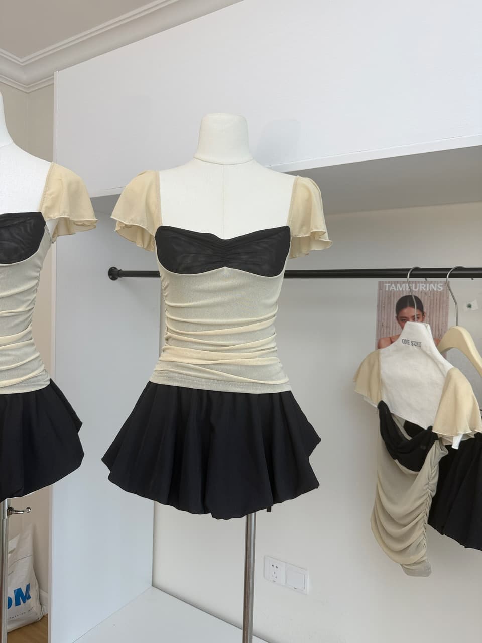 ruanrui 아몬드 Tulle 패치워크 배색 망사 작은 날다 소매 발레 바람 ins 펌프 Pleat 신축성 슬립 맨위 상세 이미지 6
