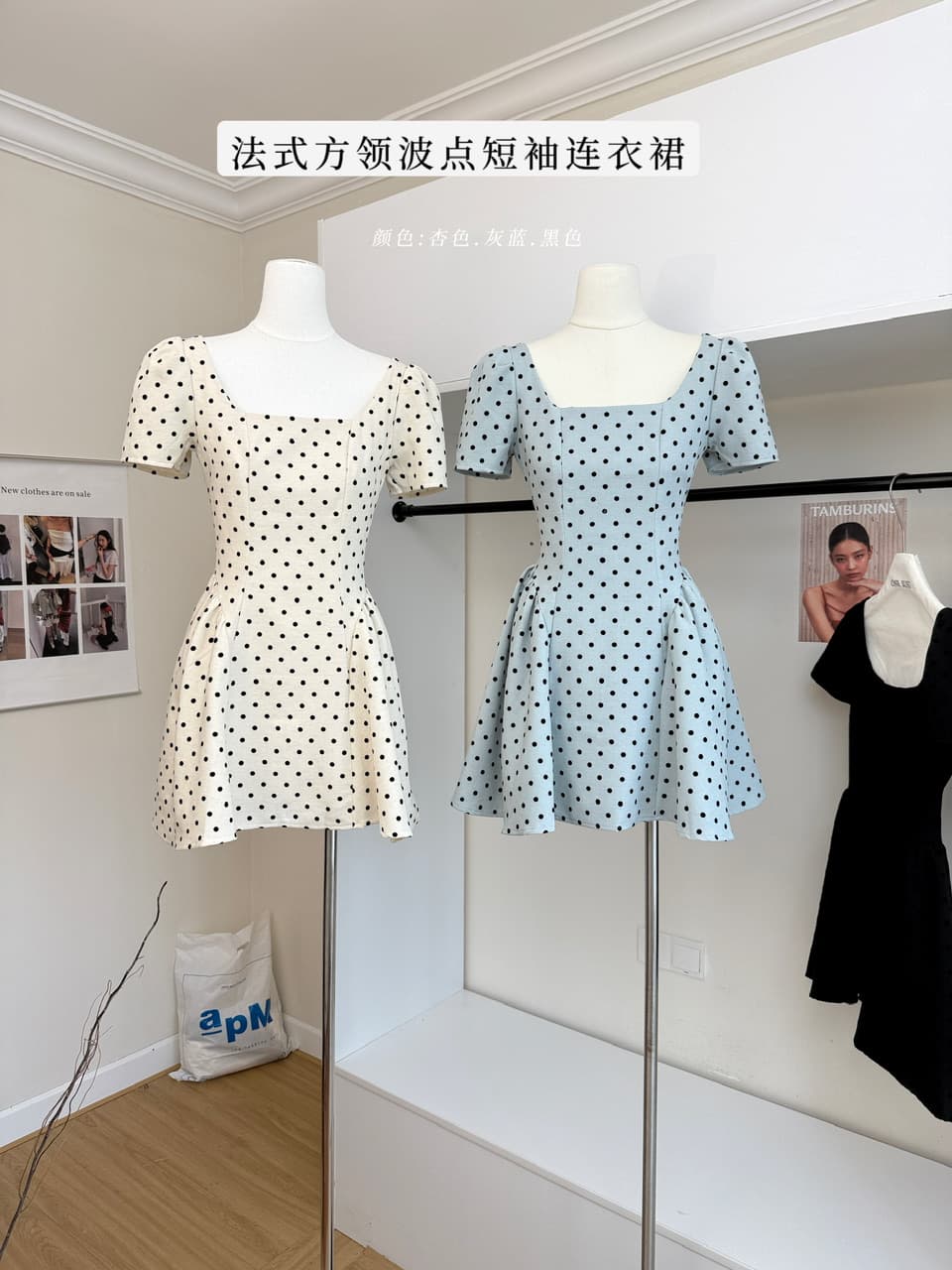 프랑스식 천 골드 센스 광장 칼라 도트 무늬 여성 드레스 여름 부드러운 달콤함 품격 허리 수축 슬림해 보이는 한 마디 짧은 치마 이미지 2
