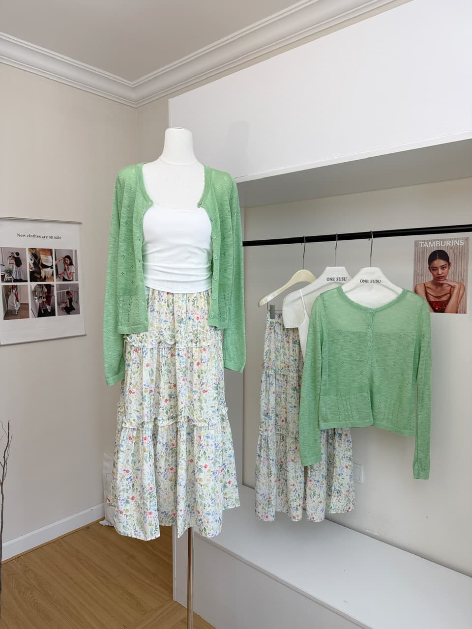 y.jia 이순신 지아 봄 여름 달콤함 3종 세트 미니멀리즘 니트 오픈 가디건 캐미솔 꽃무늬 반신 롱 스커트 세트 이미지 3