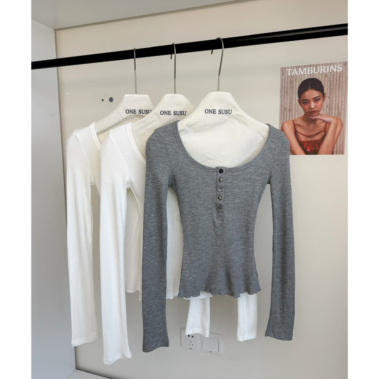 jmshop 화이트 여성 baggy 순수한 욕망 u 칼라 후아 남편 그리드 니트 티셔츠 여성 가을 몸매 가꾸기 슬림해 보이는 긴팔 맨위 이미지 6