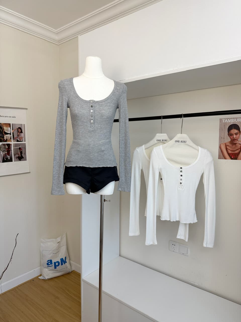 jmshop 화이트 여성 baggy 순수한 욕망 u 칼라 후아 남편 그리드 니트 티셔츠 여성 가을 몸매 가꾸기 슬림해 보이는 긴팔 맨위 상세 이미지 3