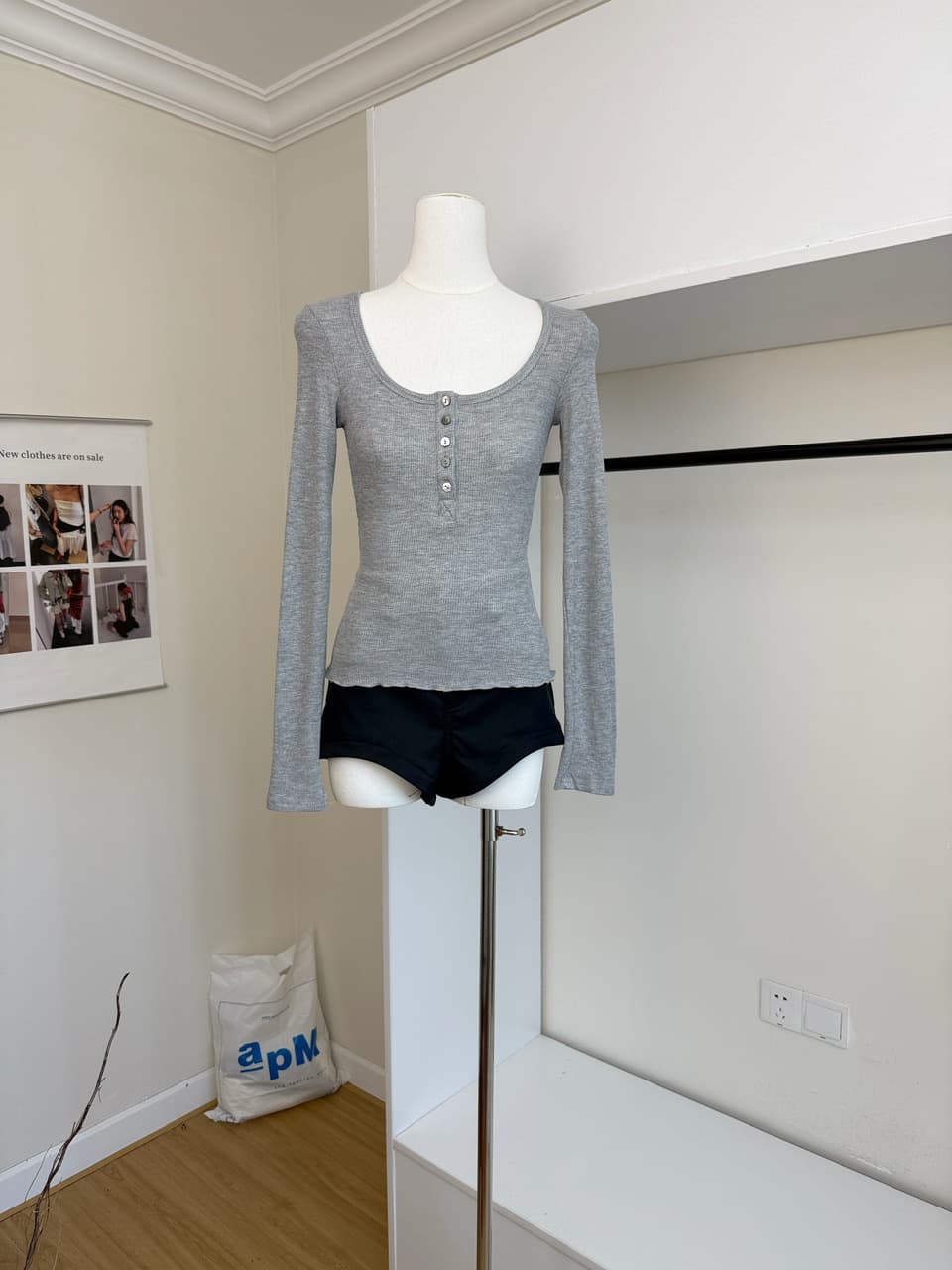 jmshop 화이트 여성 baggy 순수한 욕망 u 칼라 후아 남편 그리드 니트 티셔츠 여성 가을 몸매 가꾸기 슬림해 보이는 긴팔 맨위 상세 이미지 4