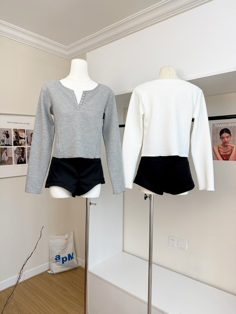 jmshop 화이트 여성 baggy 순수한 욕망 u 칼라 후아 남편 그리드 니트 티셔츠 여성 가을 몸매 가꾸기 슬림해 보이는 긴팔 맨위 상세 이미지 3