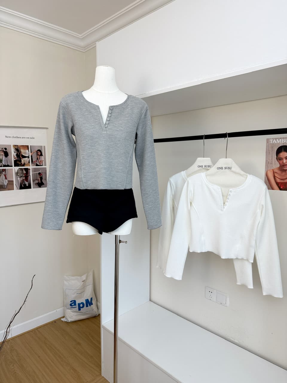 jmshop 화이트 여성 baggy 순수한 욕망 u 칼라 후아 남편 그리드 니트 티셔츠 여성 가을 몸매 가꾸기 슬림해 보이는 긴팔 맨위 상세 이미지 4