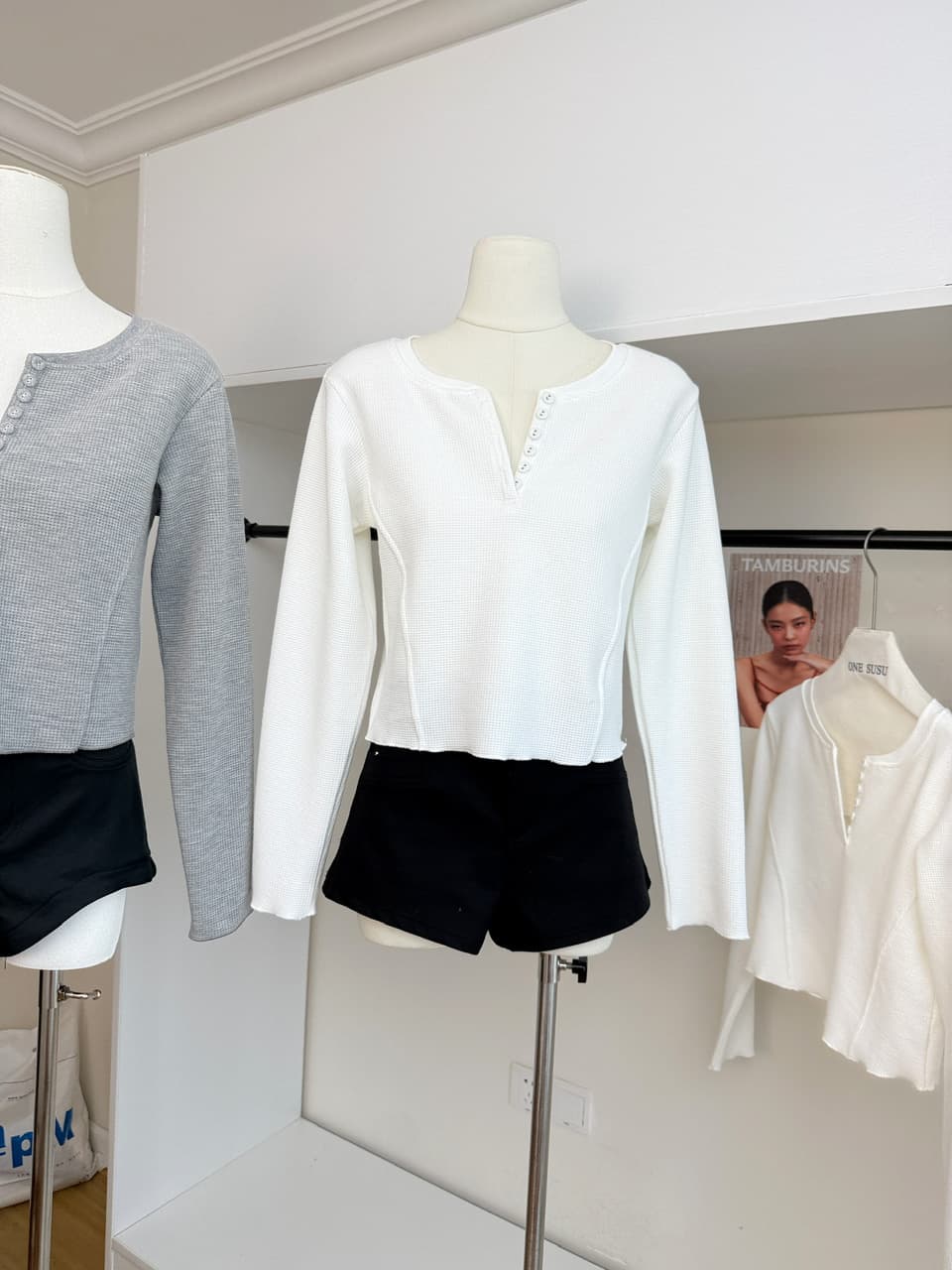 jmshop 화이트 여성 baggy 순수한 욕망 u 칼라 후아 남편 그리드 니트 티셔츠 여성 가을 몸매 가꾸기 슬림해 보이는 긴팔 맨위 상세 이미지 6