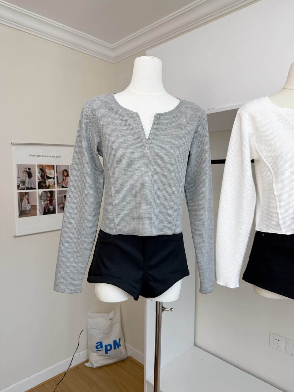 jmshop 화이트 여성 baggy 순수한 욕망 u 칼라 후아 남편 그리드 니트 티셔츠 여성 가을 몸매 가꾸기 슬림해 보이는 긴팔 맨위 상세 이미지 9