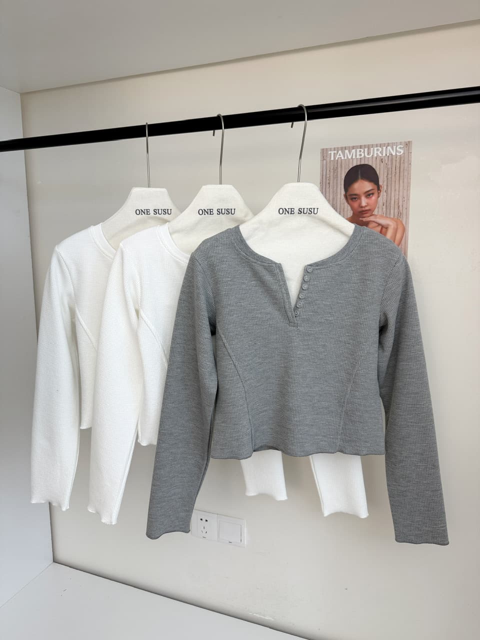 jmshop 화이트 여성 baggy 순수한 욕망 u 칼라 후아 남편 그리드 니트 티셔츠 여성 가을 몸매 가꾸기 슬림해 보이는 긴팔 맨위 상세 이미지 11