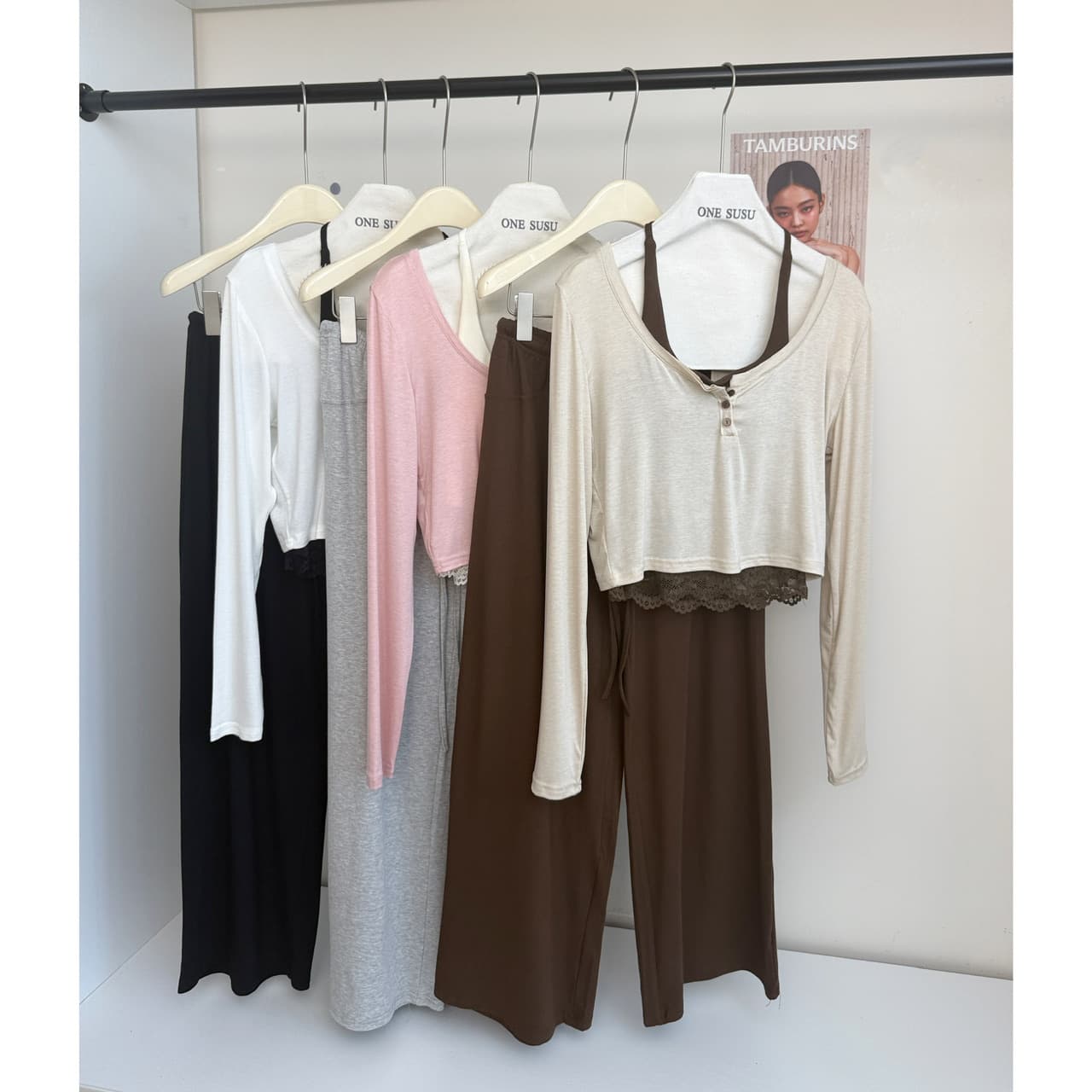 jmshop 바람둥이 느슨함 부서 주간 실크 양모 긴팔 티셔츠 레이스 레이스 행침 목 슬립 캐주얼 바지 세트 이미지 6