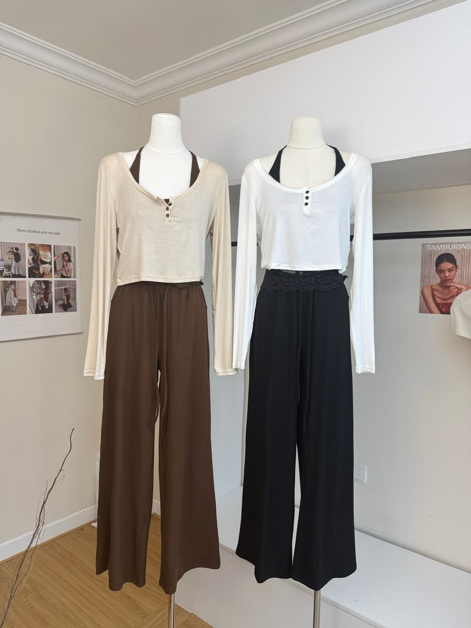jmshop 바람둥이 느슨함 부서 주간 실크 양모 긴팔 티셔츠 레이스 레이스 행침 목 슬립 캐주얼 바지 세트 상세 이미지 3