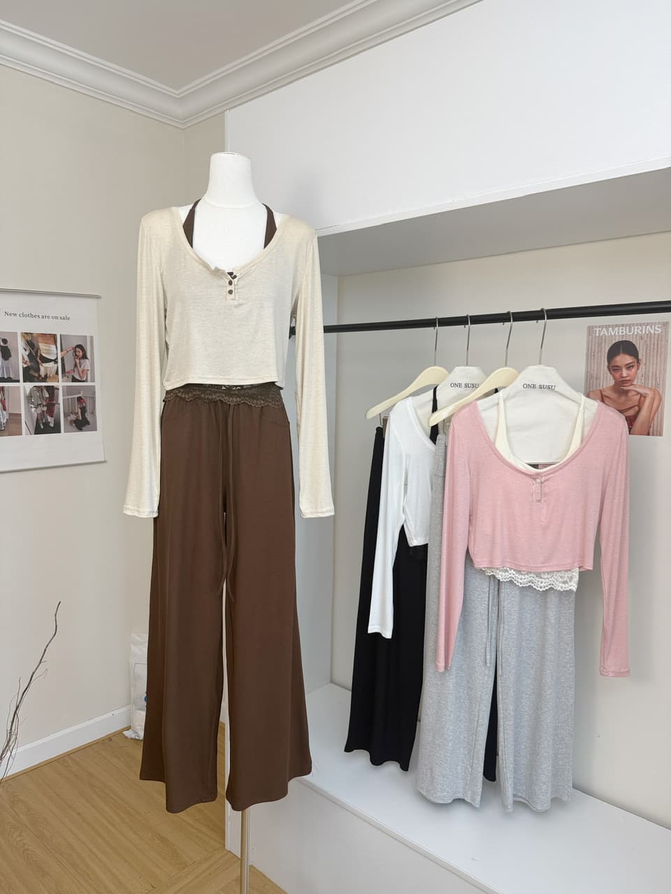 jmshop 바람둥이 느슨함 부서 주간 실크 양모 긴팔 티셔츠 레이스 레이스 행침 목 슬립 캐주얼 바지 세트 상세 이미지 4