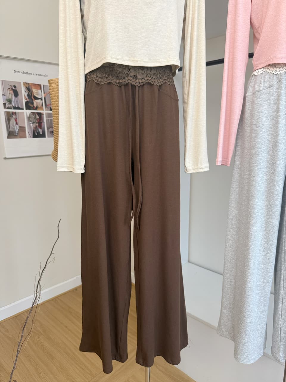 jmshop 바람둥이 느슨함 부서 주간 실크 양모 긴팔 티셔츠 레이스 레이스 행침 목 슬립 캐주얼 바지 세트 상세 이미지 7