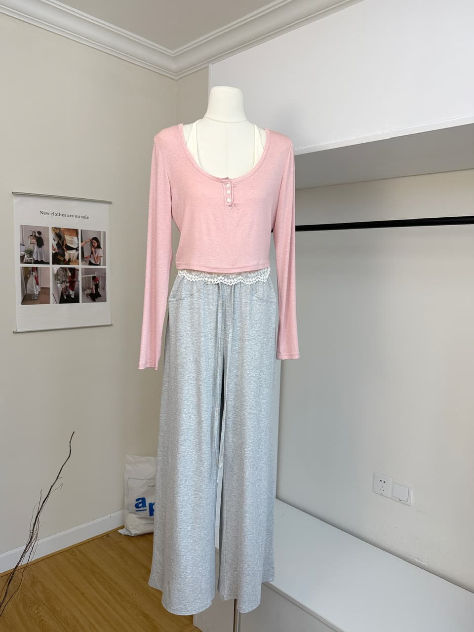 jmshop 바람둥이 느슨함 부서 주간 실크 양모 긴팔 티셔츠 레이스 레이스 행침 목 슬립 캐주얼 바지 세트 상세 이미지 8