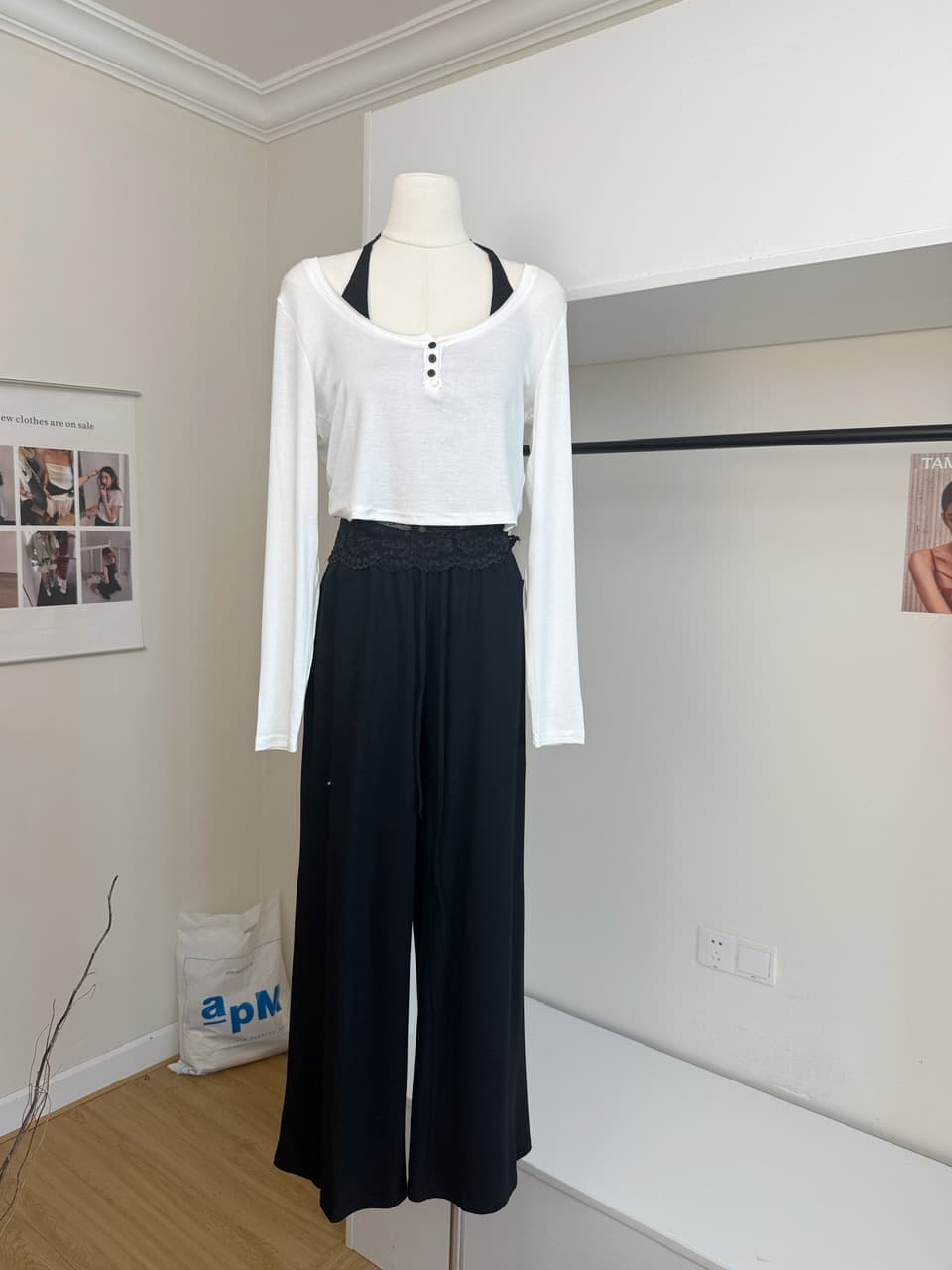 jmshop 바람둥이 느슨함 부서 주간 실크 양모 긴팔 티셔츠 레이스 레이스 행침 목 슬립 캐주얼 바지 세트 상세 이미지 12