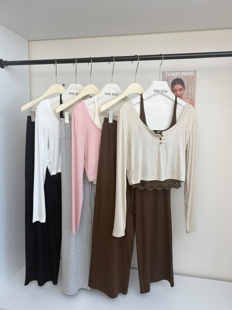 jmshop 바람둥이 느슨함 부서 주간 실크 양모 긴팔 티셔츠 레이스 레이스 행침 목 슬립 캐주얼 바지 세트 상세 이미지 15