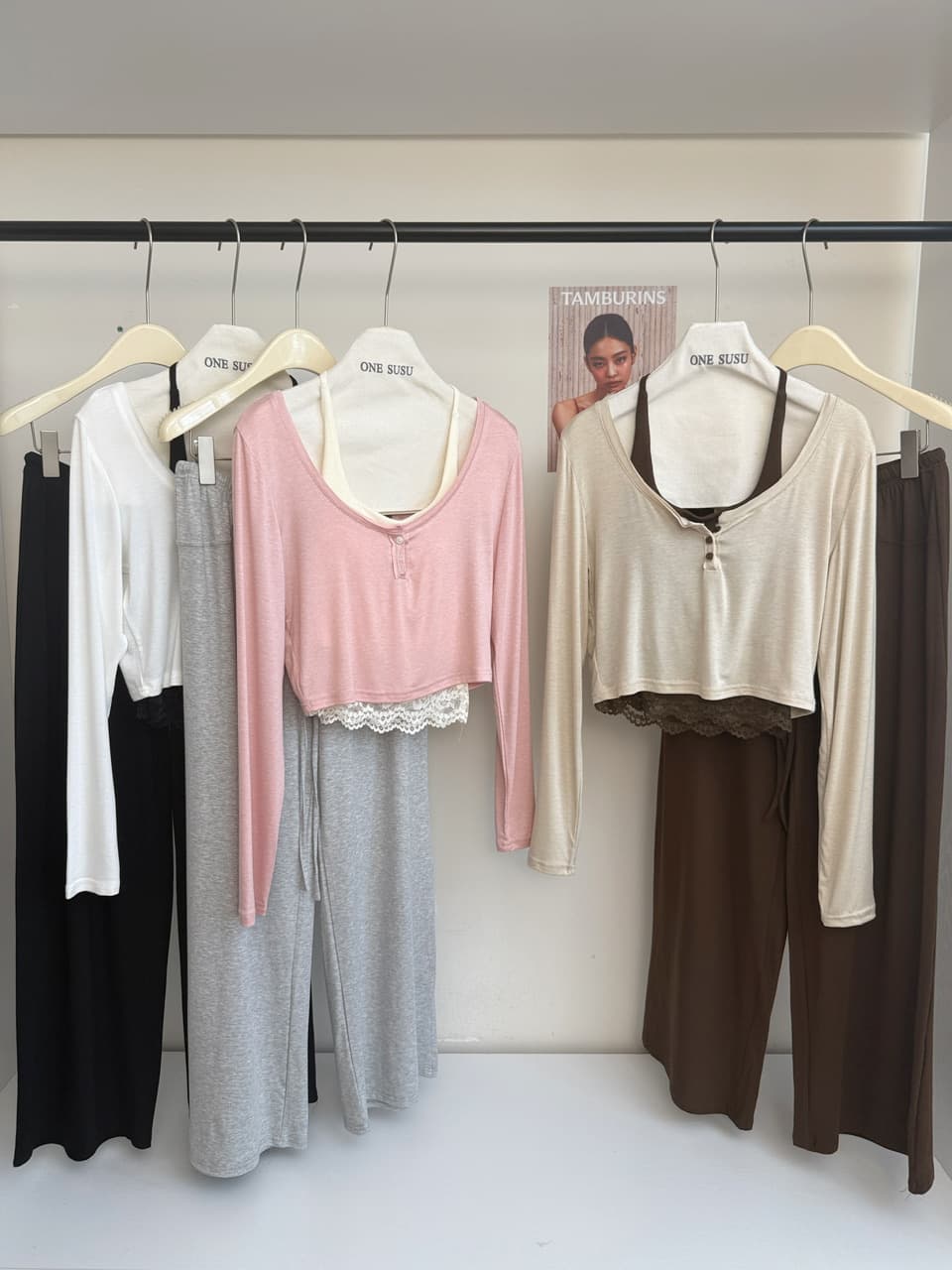 jmshop 바람둥이 느슨함 부서 주간 실크 양모 긴팔 티셔츠 레이스 레이스 행침 목 슬립 캐주얼 바지 세트 상세 이미지 17