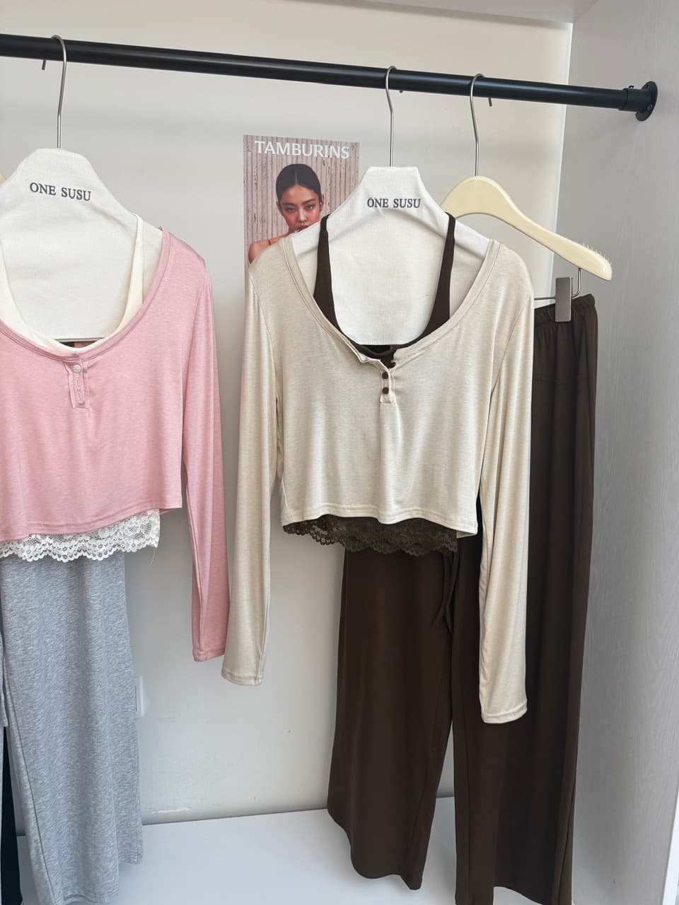 jmshop 바람둥이 느슨함 부서 주간 실크 양모 긴팔 티셔츠 레이스 레이스 행침 목 슬립 캐주얼 바지 세트 상세 이미지 18