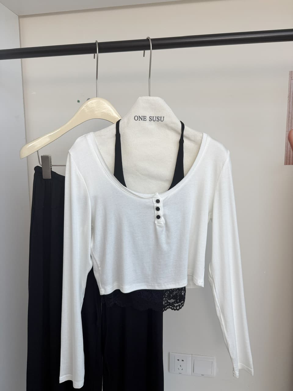jmshop 바람둥이 느슨함 부서 주간 실크 양모 긴팔 티셔츠 레이스 레이스 행침 목 슬립 캐주얼 바지 세트 상세 이미지 22