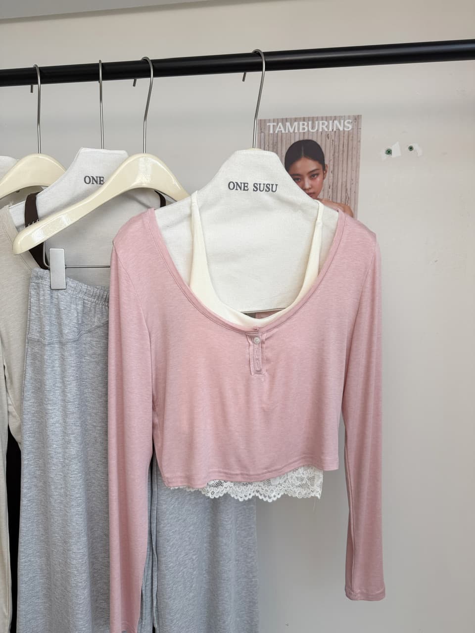 jmshop 바람둥이 느슨함 부서 주간 실크 양모 긴팔 티셔츠 레이스 레이스 행침 목 슬립 캐주얼 바지 세트 상세 이미지 24