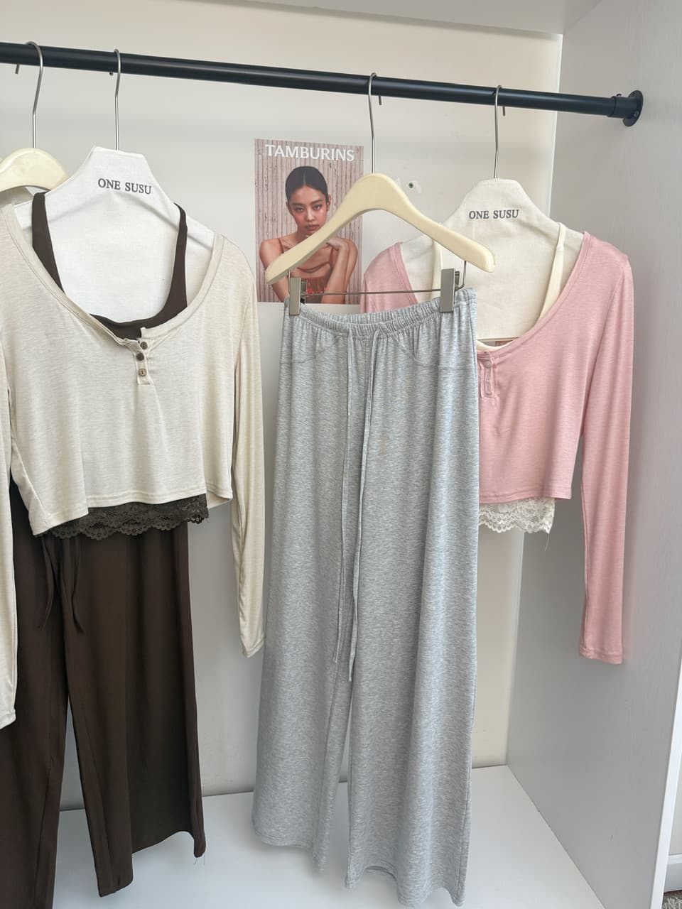jmshop 바람둥이 느슨함 부서 주간 실크 양모 긴팔 티셔츠 레이스 레이스 행침 목 슬립 캐주얼 바지 세트 상세 이미지 26