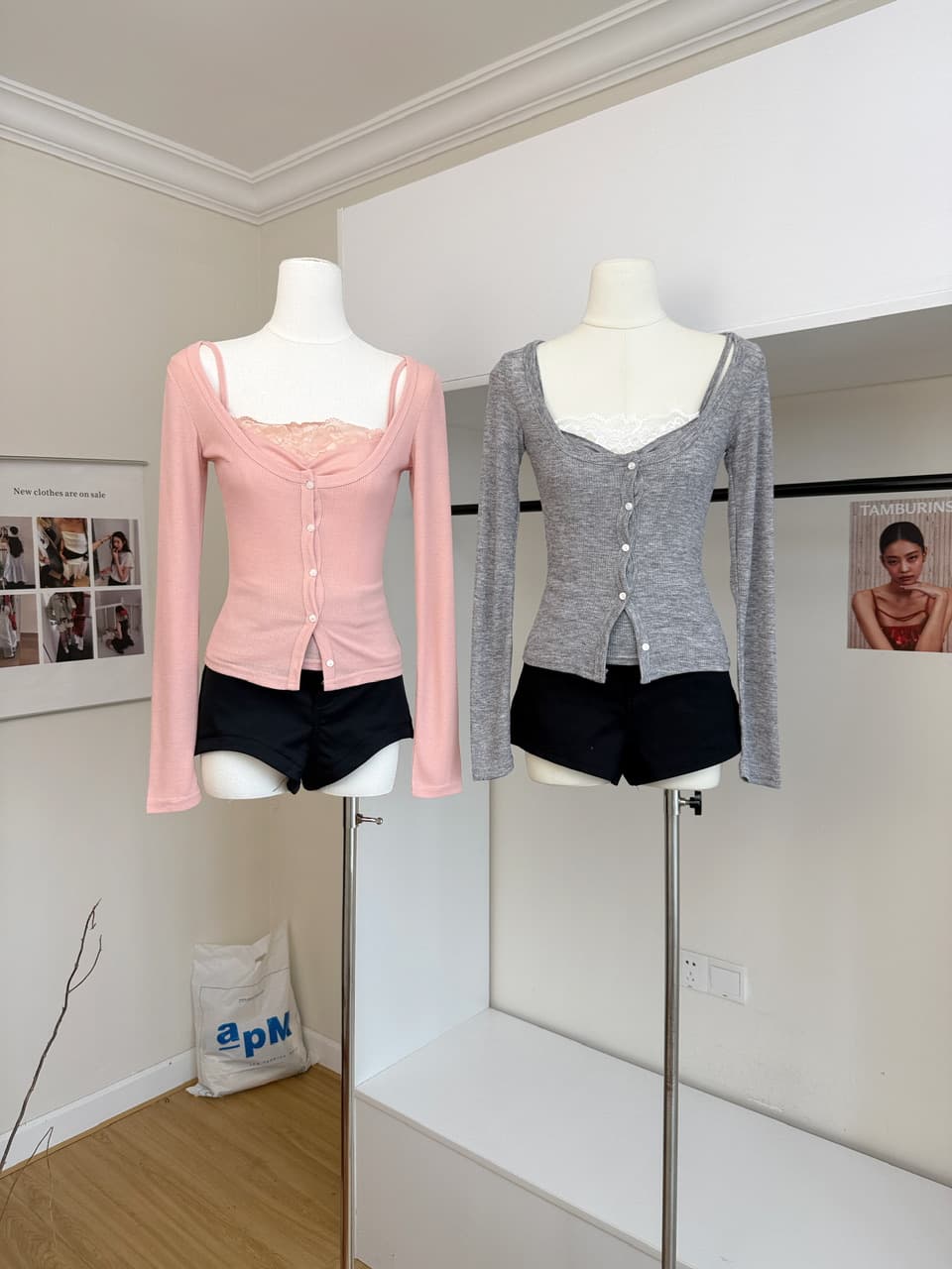 jmshop 한 여성 분위기 순수한 욕망 레이스 레이스 페이크 레이어드 맨위 여성 가을 긴팔 아세트산 니트 스웨터 상세 이미지 3