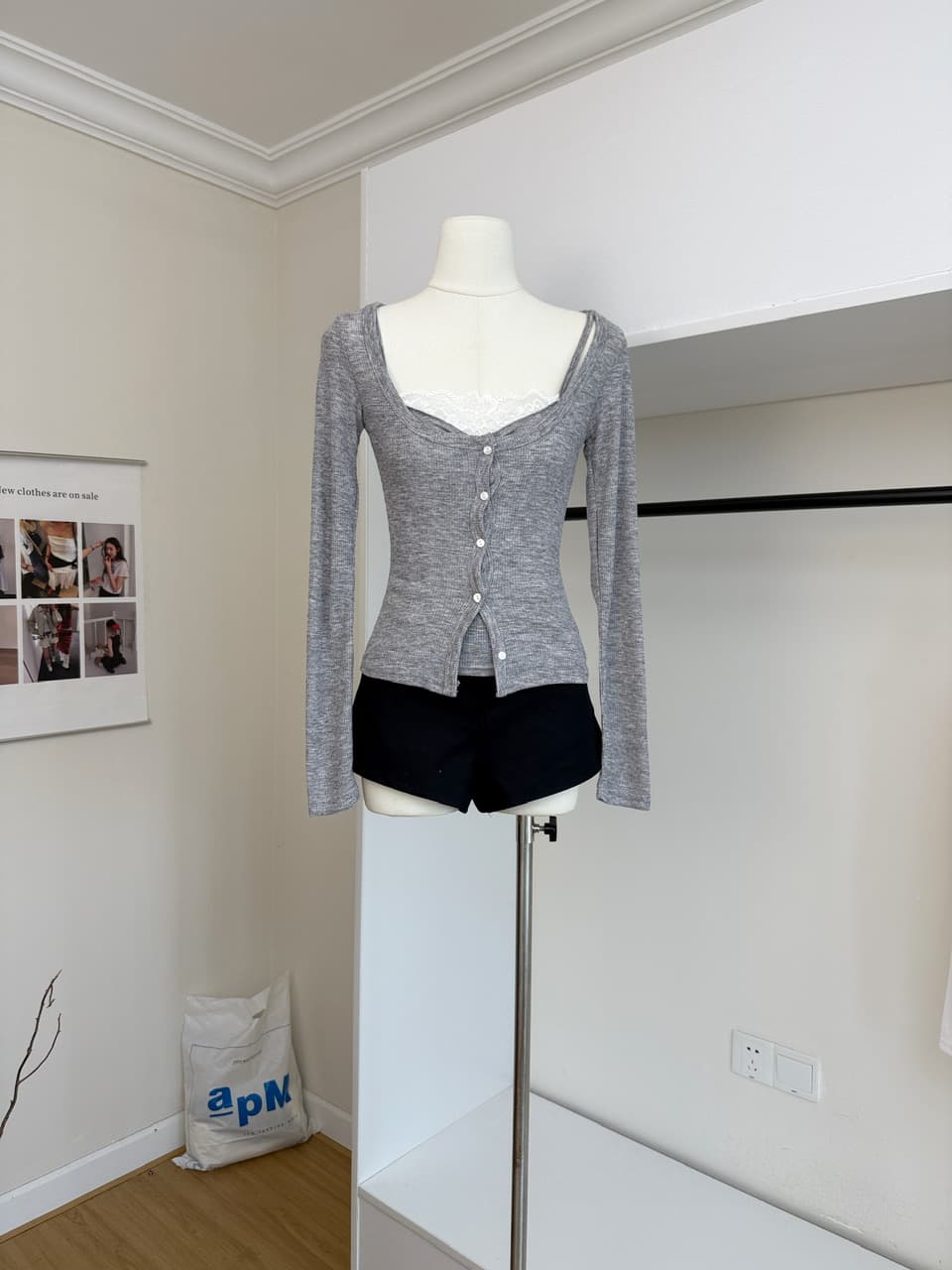 jmshop 한 여성 분위기 순수한 욕망 레이스 레이스 페이크 레이어드 맨위 여성 가을 긴팔 아세트산 니트 스웨터 상세 이미지 11