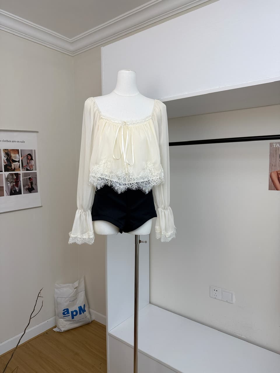 감사합니다. 아니요 고기 레이스 측면 패치워크 광장 칼라 나팔 긴팔 시폰 셔츠 여성 가을 부드러운 쇼트 스타일 인형 셔츠 맨위 상세 이미지 4