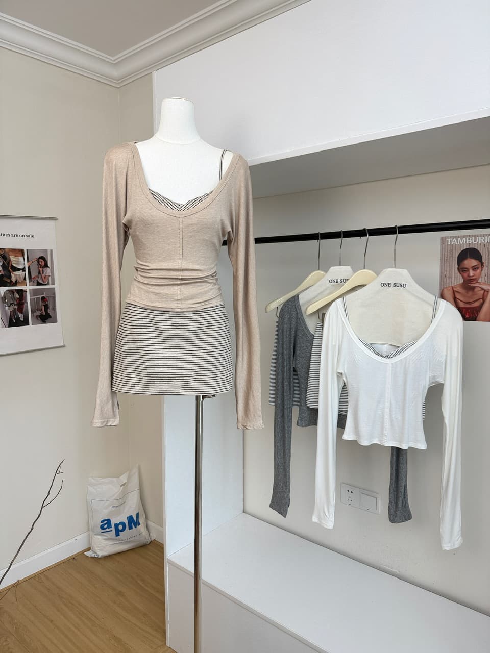 jmshop 원에서 look 스트라이프 니트 슬립 타이트 스커트 반신 스커트 주간 실크 양모 긴팔 티셔츠 3종 세트 상세 이미지 4