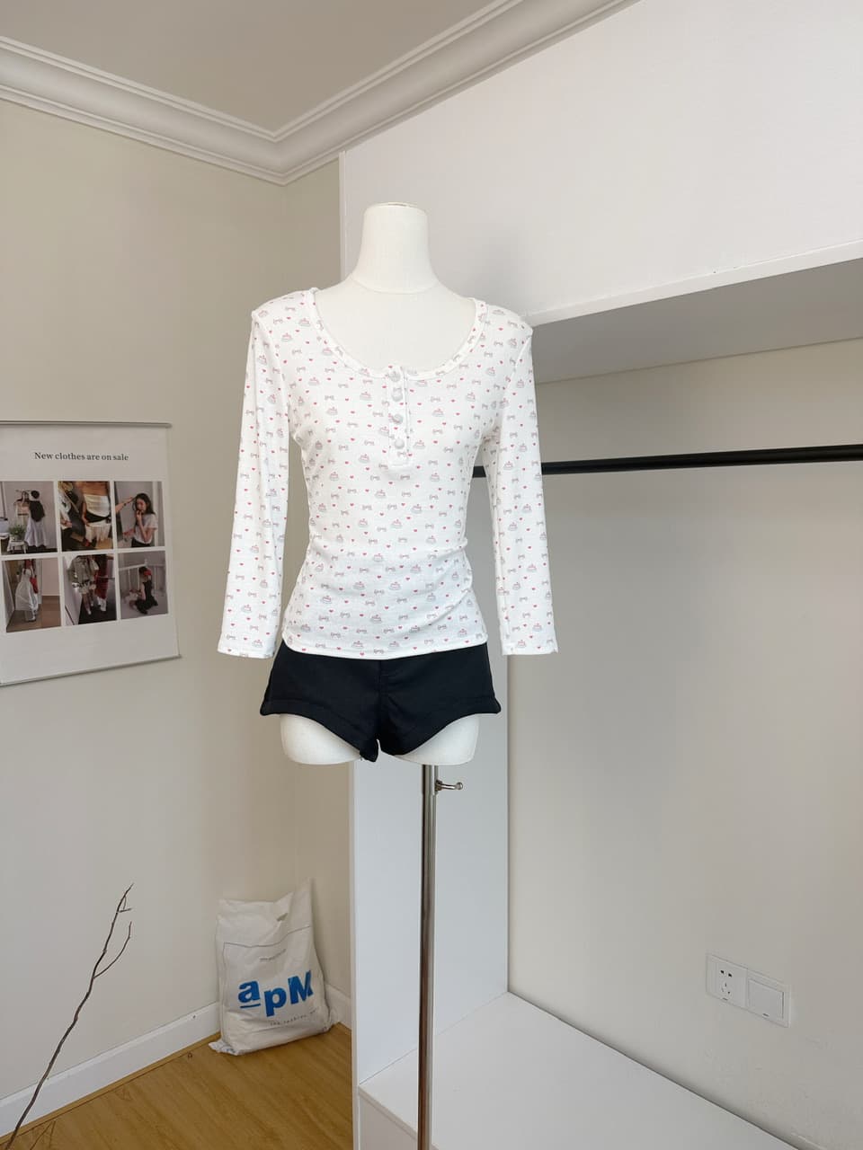 ptonumi baby 면 작은 케이크 한 부서 헨리 칼라 패키지 버클 8 점 소매 티셔츠 여성 이른 가을 인사이드 잡아라. 의류 상세 이미지 4