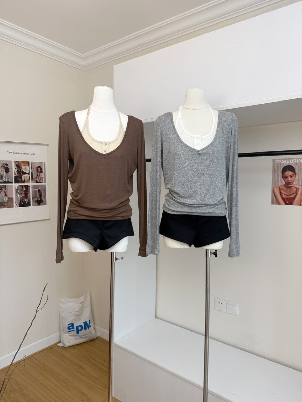 skk store 서울 이른 가을 150g 주간 실크 양모 V넥 페이크 레이어드 긴팔 티셔츠 루즈핏 캐주얼 맨위 이미지 5