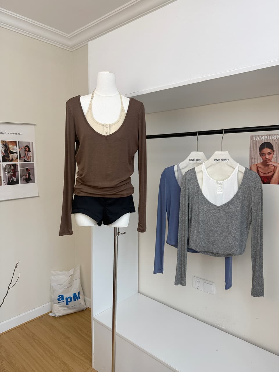 skk store 서울 이른 가을 150g 주간 실크 양모 V넥 페이크 레이어드 긴팔 티셔츠 루즈핏 캐주얼 맨위 상세 이미지 4